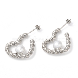 Rack Plating Brass Heart Stud Earrings, Half Hoop Earrings with Plastic Imitation Pearl Beads, Cadmium Free & Lead Free, Long-Lasting Plated, Platinum, 20.5x7.5mm(EJEW-P249-01P)