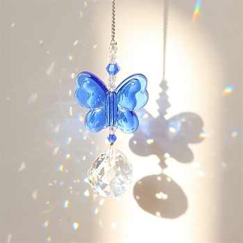 Glass Pendant Decorations,  for Home Bedroom Hanging Decorations, Butterfly, Dodger Blue, 300x35mm