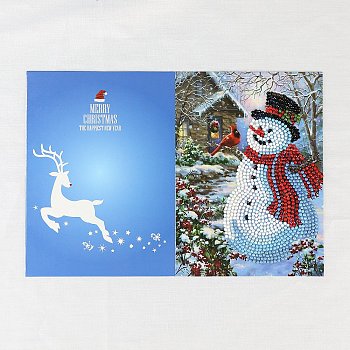 DIY Christmas Greeting Card Diamond Painting Kit, Including Envelope, Resin Rhinestones Bag, Diamond Sticky Pen, Tray Plate and Glue Clay, Snowman, 180x130mm