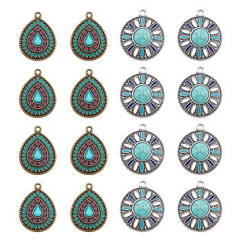 32Pcs 2 Style Alloy Enamel Pendants, with Acrylic Cabochons, Teardrop & Flat Round with Flower, Mixed Color, 24.5x18.5~20.5x3.5~6.5mm, hole: 1.6~2mm, 16pcs/style