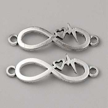 Tibetan Style Alloy Connector Charms, Infinity Links with Heart, Antique Silver, 10.7x33x2.5mm, Hole: 2.1mm