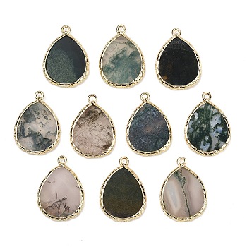 Natural Moss Agate Pendants, with Rack Plating Brass Teardrop Charms, Golden, 25x18x2.5mm, Hole: 1.4~1.6mm