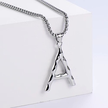 3Pcs Stainless Steel Textured Letter Pendant Box Chain Necklaces, Stainless Steel Color, Letter A