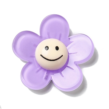 Acrylic Cabochons, Flower with Smiling Face, Lilac, 34x35x8mm