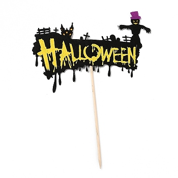 Felt Cloth & Paper Halloween Words Cake Insert Card Decoration, with Bamboo Stick, for Halloween Cake Decoration, Mixed Color, 186mm