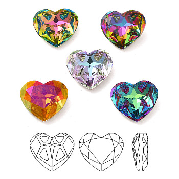 K9 Glass Rhinestone Cabochons, Point Back & Back Plated, Faceted, Heart, Mixed Color, 15.5x18x7.5mm