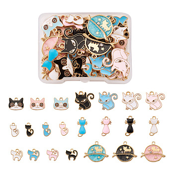 44Pcs 22 Styles Light Gold Plated Alloy Kitten Pendants, with Enamel, Mixed Color, 2pcs/style