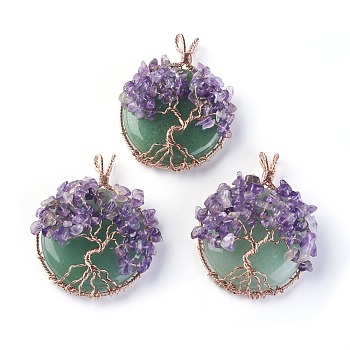 Natural Green Aventurine & Amethyst Big Pendants, with Rose Gold Tone Brass Findings, Flat Round with Tree of Life, 58~61.5x44~48x14~16.5mm, Hole: 4~5x3.5~6mm