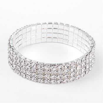 4 Row stretch Rhinestone Bracelet, Brass, Silver Color Plated,  about 15mm wide, 5cm inner diameter