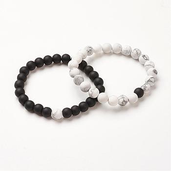 Couples Stretch Bracelets, with Black Glass Beads and Howlite Beads, Frosted, 2-1/4 inch(58mm), 2pcs/set