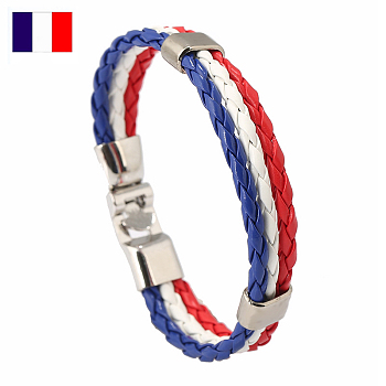 Flag Color Imitation Leather Triple Line Cord Bracelet with Alloy Clasp, Martinique Theme Jewelry for Women, Blue, 8-5/8 inch(22cm)