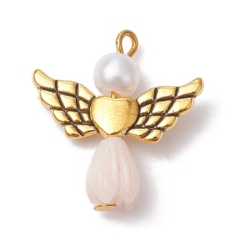 Resin Imitation Pearl Pendants, Rose Angel Charms with Antique Golden Plated Alloy Heart Wings, White, 23.5~24x22x6.5mm, Hole: 1.8~2.2mm