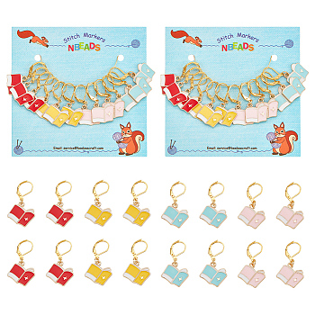 12Pcs 4 Colors Alloy Enamel Book Charm Locking Stitch Markers, with Gold Tone 304 Stainless Steel Leverback Earring Findings, Mixed Color, 3.6cm, 3pcs/color