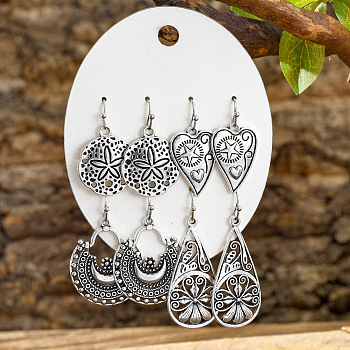 4 Pairs Zinc Alloy Dangle Earrings, Heart & Teardrop & Teardrop & Flat Round, Antique Silver, 33~49x16~25mm