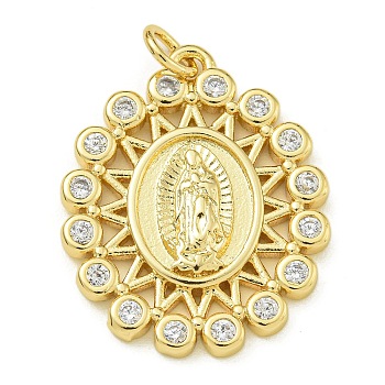 Virgin Mary Theme Rack Plating Brass Micro Pave Clear Cubic Zirconia Pendants, Long-Lasting Plated, Lead Free & Cadmium Free, Real 18K Gold Plated, Oval, Flat Round, 24x19.5x3mm, Hole: 3.5mm