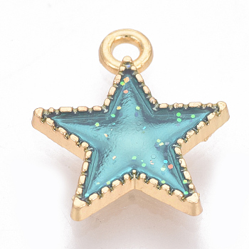 Alloy Enamel Charms, Star, Golden, Dark Turquoise, 15x13x2mm, Hole: 1mm