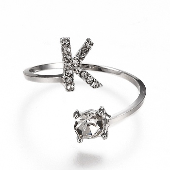 Alloy Cuff Rings, Open Rings, with Crystal Rhinestone, Platinum, Letter.K, US Size 7 1/4(17.5mm)