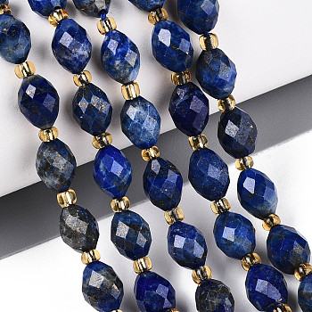 Natural Lapis Lazuli Beads Strands, Faceted, Oval, with Seed Beads, 8~9x6~8mm, Hole: 1~1.2mm, about 17~19pcs/strand, 7.09~7.87 inch(18~20cm)