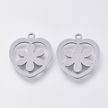 201 Stainless Steel Pendants, Laser Cut Pendants, Heart with Flower, Stainless Steel Color, 17.5x16x1mm, Hole: 1.2mm