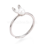 Adjustable 925 Sterling Silver Cute Bunny Ear Rings, Natural Freshwater Pearl Open Cuff Ring, Platinum, 17mm(STER-T008-90P)