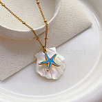 Natural Shell & 304 Stainless Steel Pendant Satellite Chain Necklaces for Women, Golden, Antique White, Starfish, 15.75~17.72 inch(40~45cm)(FS-WG3FAFC-01)