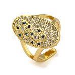 Oval with Flower Brass Micro Pave Cubic Zirconia Open Cuff Rings for Women, Cadmium Free & Lead Free, Real 18K Gold Plated, Adjustable, Oval: 22.5x12.5mm(RJEW-Z050-15G)