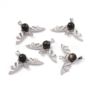 Natural Golden Sheen Obsidian Pendants, Halloween Bat Charms, with Antique Silver Color Brass Findings, 26x46x11mm, Hole: 6x4mm(KK-A173-11P)