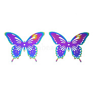 Ion Plating(IP) 201 Stainless Steel Filigree Joiners Links, Etched Metal Embellishments, Butterfly, Rainbow Color, 35x44x0.2mm, Hole: 1mm(X1-STAS-S118-096)