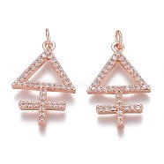 Brass Micro Pave Clear Cubic Zirconia Pendants, Long-Lasting Plated, With Jump Rings, Triangle with Cross, Rose Gold, 23x16x2mm, Hole: 3mm, Jump Ring: 5x1mm(ZIRC-Z008-25RG)
