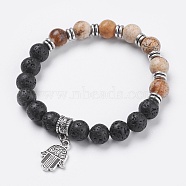 Natural Lava Rock Beads Charm Bracelets, with Natural Picture Jasper and Alloy Findings, Hamsa Hand/Hand of Fatima/Hand of Miriam, Antique Silver, 2 inch(5cm), Findings: 16.5x12.5x1.5mm(BJEW-O161-33)