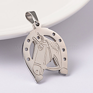 304 Stainless Steel Pendants, Horse with Horseshoe, Stainless Steel Color, 27x21x2mm, Hole: 6x4mm(STAS-K162-099P)