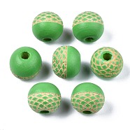 Painted Natural Wood Beads, Laser Engraved Pattern, Round, Lime Green, 10x9mm, Hole: 2.5mm(WOOD-S057-072K)
