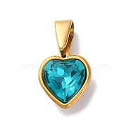 PVD Vacuum Plating 304 Stainless Steel Pendants, with Rhinestone, Heart, Golden, Blue Zircon, 12x10x6mm, Hole: 7x3.5mm(STAS-C107-05G-02)