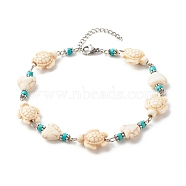 Heart & Tortoise Synthetic Turquoise Beaded Anklet, Adjustable Anklet for Women, Platinum, WhiteSmoke, 10 inch(25.5cm)(AJEW-AN00459-01)