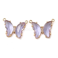 Brass Pave Faceted Glass Connector Charms, Golden Tone Butterfly Links, Lilac, 17.5x23x5mm, Hole: 0.9mm(FIND-Z020-03L)