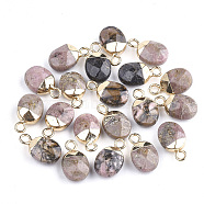 Electroplate Natural Rhodonite Charms, with Iron Findings, Faceted, Oval, Golden, 14~15x8x5~5.5mm, Hole: 1.8mm(X-G-S344-09B)