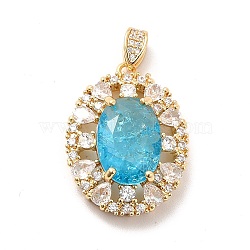 Brass Micro Pave Clear Cubic Zirconia Pendants, with Deep Sky Blue Glass, Oval, Real 18K Gold Plated, 31mm, Hole: 5x2.5mm(KK-I695-028G)