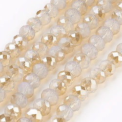 Electroplate Glass Beads Strands, Opalite, Half Rainbow Plated, Faceted, Rondelle, Linen, 6x4~5mm, Hole: 0.8~1mm, about 88~92pcs/strand, 15.5 inch~16 inch(X-GLAA-K027-HR-A01)