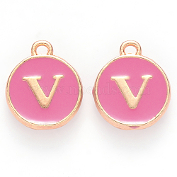 Golden Plated Alloy Enamel Charms, Cadmium Free & Lead Free, Enamelled Sequins, Flat Round with Letter, Camellia, Letter.V, 14x12x2mm, Hole: 1.5mm(ENAM-S118-08V)