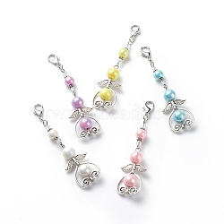 Angel Clip-on Charms, AB Color Acrylic Imitation Pearl Round Beaded Pendant Decorations, with Alloy Lobster Claw Clasps and Tibetan Style Heart & Wing Pendants, Mixed Color, 81mm(HJEW-JM00748)