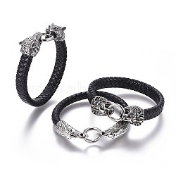 Braided Leather Cord Bracelets, with 304 Stainless Steel Findings, Mixed Shapes, Black, Antique Silver, 8-5/8 inch~9 inch(22~23cm)(BJEW-F399-F)