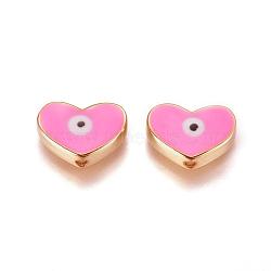 Golden Tone Brass Beads, with Enamel, Heart with Evil Eye, Pink, 11x15x4.5mm, Hole: 1.6mm(ENAM-L025-B-05)