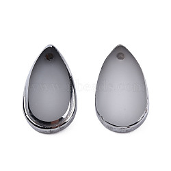 Electroplated Glass Charms, Edge Silver Plated, Teardrop, Dark Gray, 14.5x8.5x3mm, Hole: 1mm(EGLA-N006-068A)