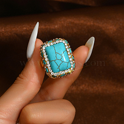 Exaggerated Antique Style Synthetic Turquoise Adjustable Rings for Women, Brass Finger Rings, Rectangle, Inner Diameter: 16~18mm(XG9557-1)