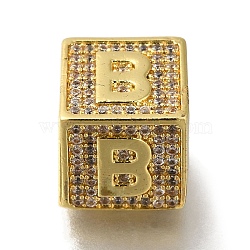 Brass Cubic Zirconia Beads, Letter B, Square, Letter B, 9.5x9.5x9.5mm, Hole: 6mm(KK-Q818-01B-G)