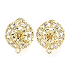 Hollow Flower Brass Micro Pave Cubic Zirconia Stud Earrings Finding, with Horizontal Loops, Cadmium Free & Lead Free, Real 18K Gold Plated, 18x16mm, Hole: 1.5mm, Pin: 0.8mm(KK-E083-12G)