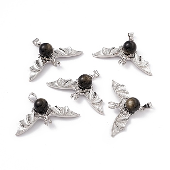 Natural Golden Sheen Obsidian Pendants, Halloween Bat Charms, with Antique Silver Color Brass Findings, 26x46x11mm, Hole: 6x4mm