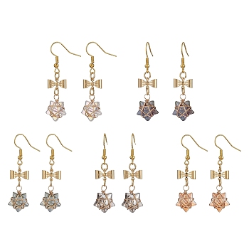Glass Star Dangle Earrings, Golden 304 Stainless Steel Bowknot Drop Earrings, Mixed Color, 48x12.5mm