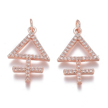 Brass Micro Pave Clear Cubic Zirconia Pendants, Long-Lasting Plated, With Jump Rings, Triangle with Cross, Rose Gold, 23x16x2mm, Hole: 3mm, Jump Ring: 5x1mm