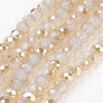Electroplate Glass Beads Strands, Opalite, Half Rainbow Plated, Faceted, Rondelle, Linen, 6x4~5mm, Hole: 0.8~1mm, about 88~92pcs/strand, 15.5 inch~16 inch